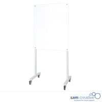 Pizarra blanca magnética de vidrio blanco sobre soporte móvil blanco 100x150 cm